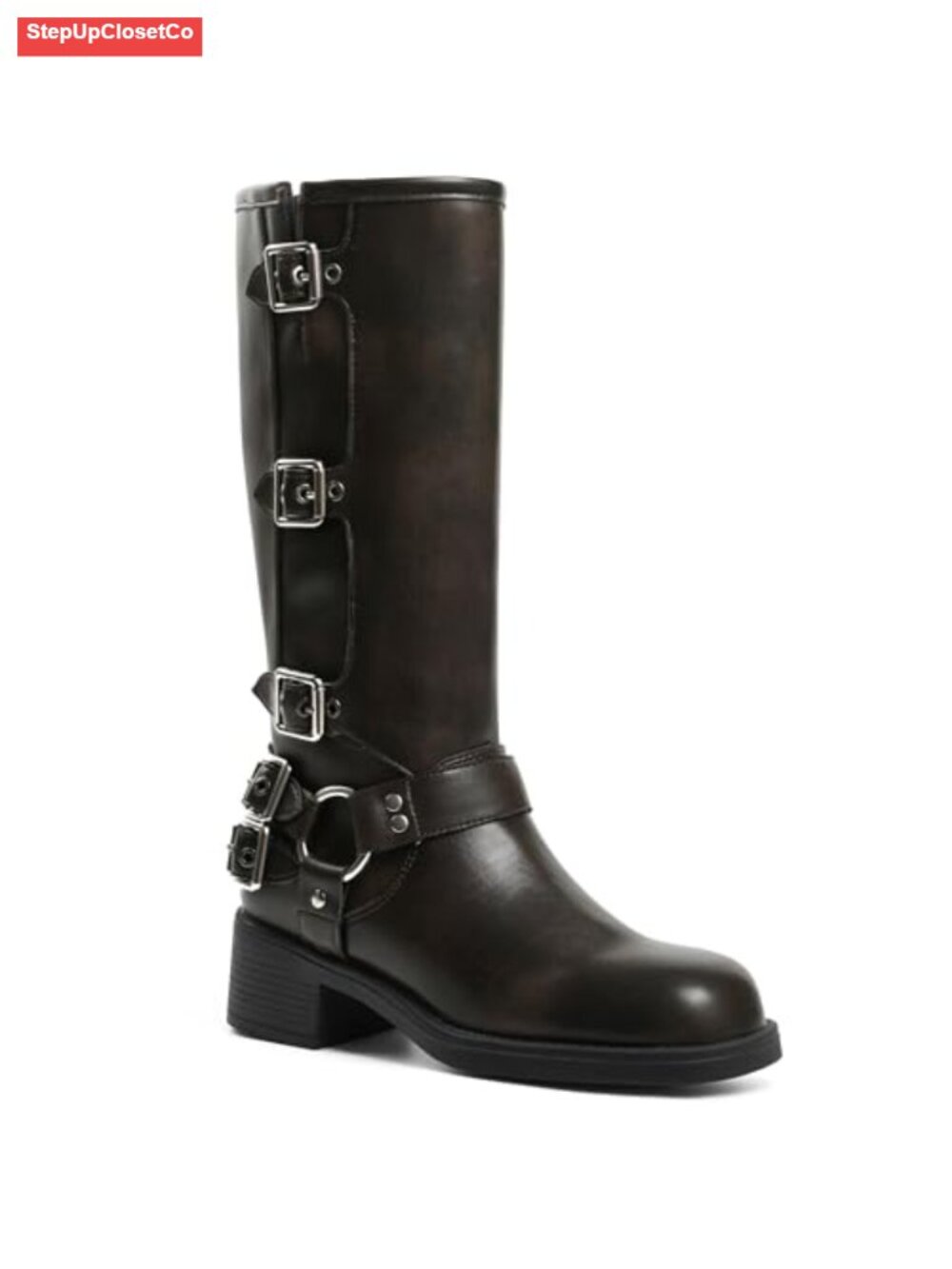 Knee High Moto Biker Boots Women Wide Calf Chunky Block Heel Pull On Buckle